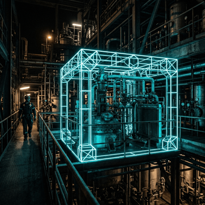 Illustration industrielle sombre autour de la modernisation d'un ERP